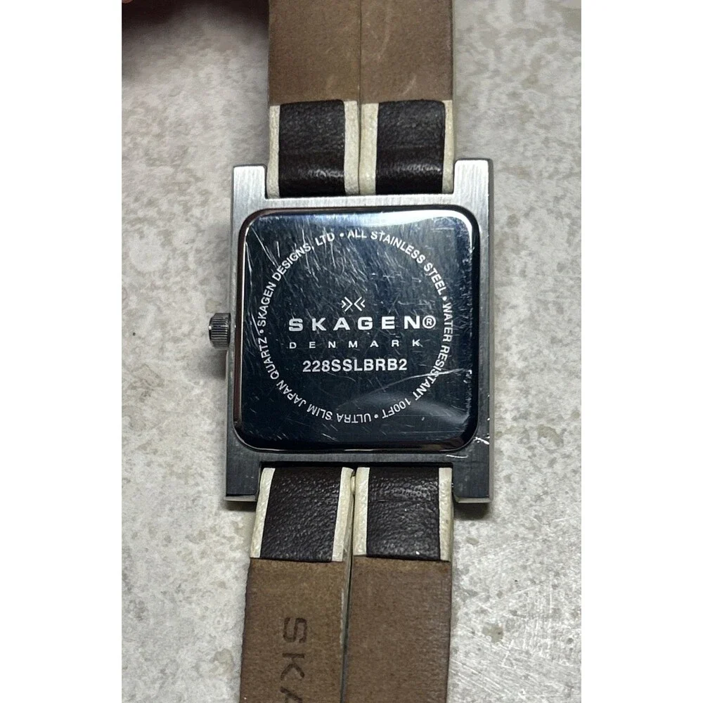 Skagen Tank Womens Watch Leather  Brown Beige Ultra Slim 228SSL New Battery